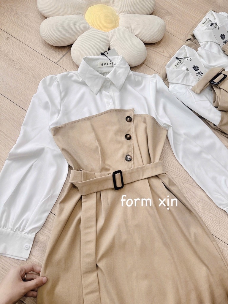 VÁY KAKI PHỐI ĐAI EO SẴN( XẢ 120k)