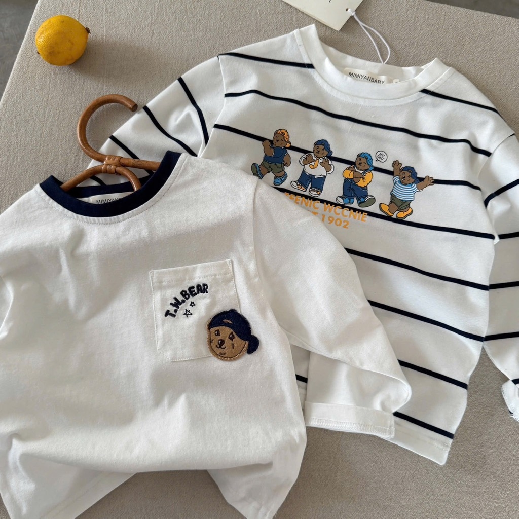 SET 2 ÁO GẤU KẺ TRẮNG DÀI TAY BÉ TRAI