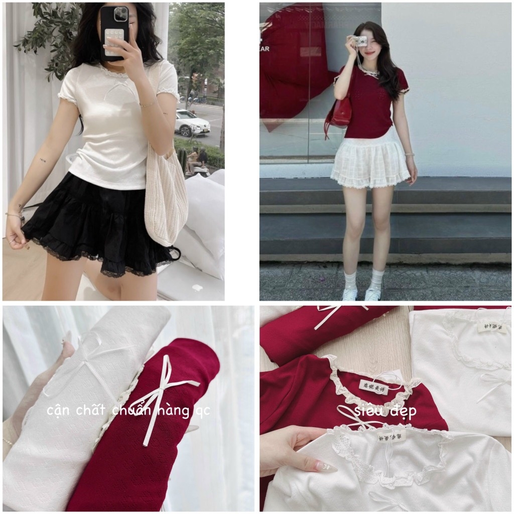 ÁO NỮ LEN LẠNH PHỐI REN BÈO ĐÍNH NƠ(xả 39k)