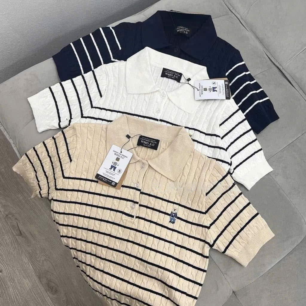 ÁO LEN KẺ THÊU GẤU CỘC TAY NỮ SẴN (SALE 95k)