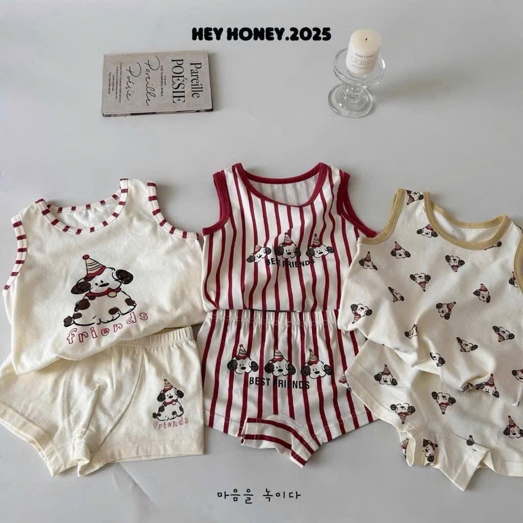 SÉT 3 BỘ COTTON BA LỖ COVER HEYHONEY CÚN BEST FRIEND TONE KẺ ĐỎ CHO BÉ NEW BÉ TRAI
