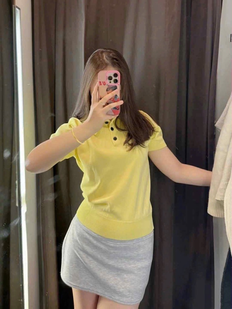 ÁO POLO VÀNG DỆT VIỀN REN NỮ