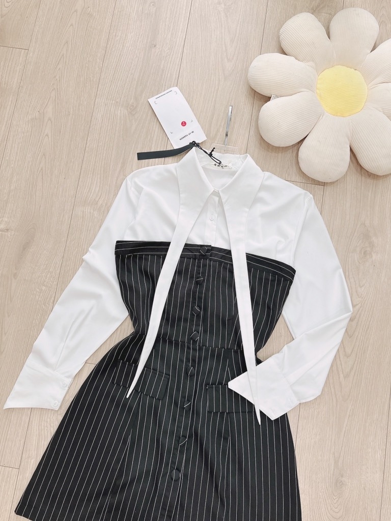 SET VÁY CÚP MIX ÁO SƠ MI CỔ CÁCH ĐIỆU NỮ SẴN