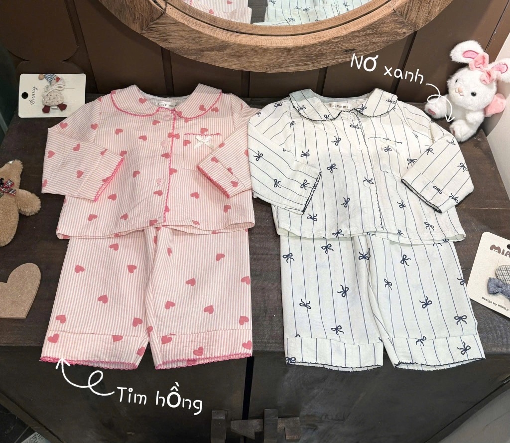 SET 2 BỘ DÀI PIZAMA NƠ TIM BÉ GÁI