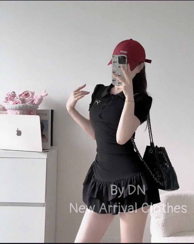 VÁY ÔM BODY CỔ BỂ POLO PHỐI ĐUÔI VÂY XOÈ TẦNG NỮ SẴN