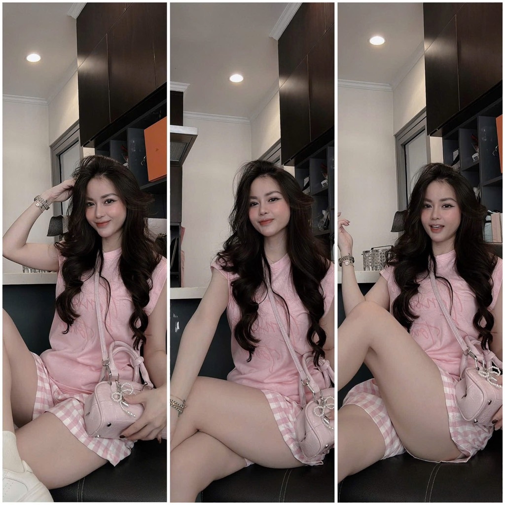 SET BỘ ÁO HỒNG QUẦN KẺ NỮ SẴN