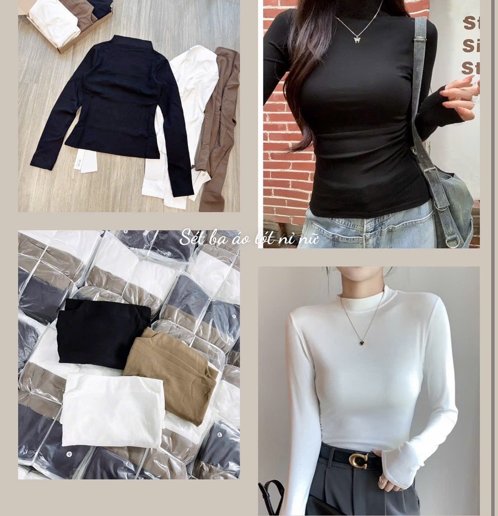 SET 3 ÁO ZIP LÔNG GIỮ NHIỆT ĐEN TRẮNG BE NỮ THU ĐÔNG SẴN