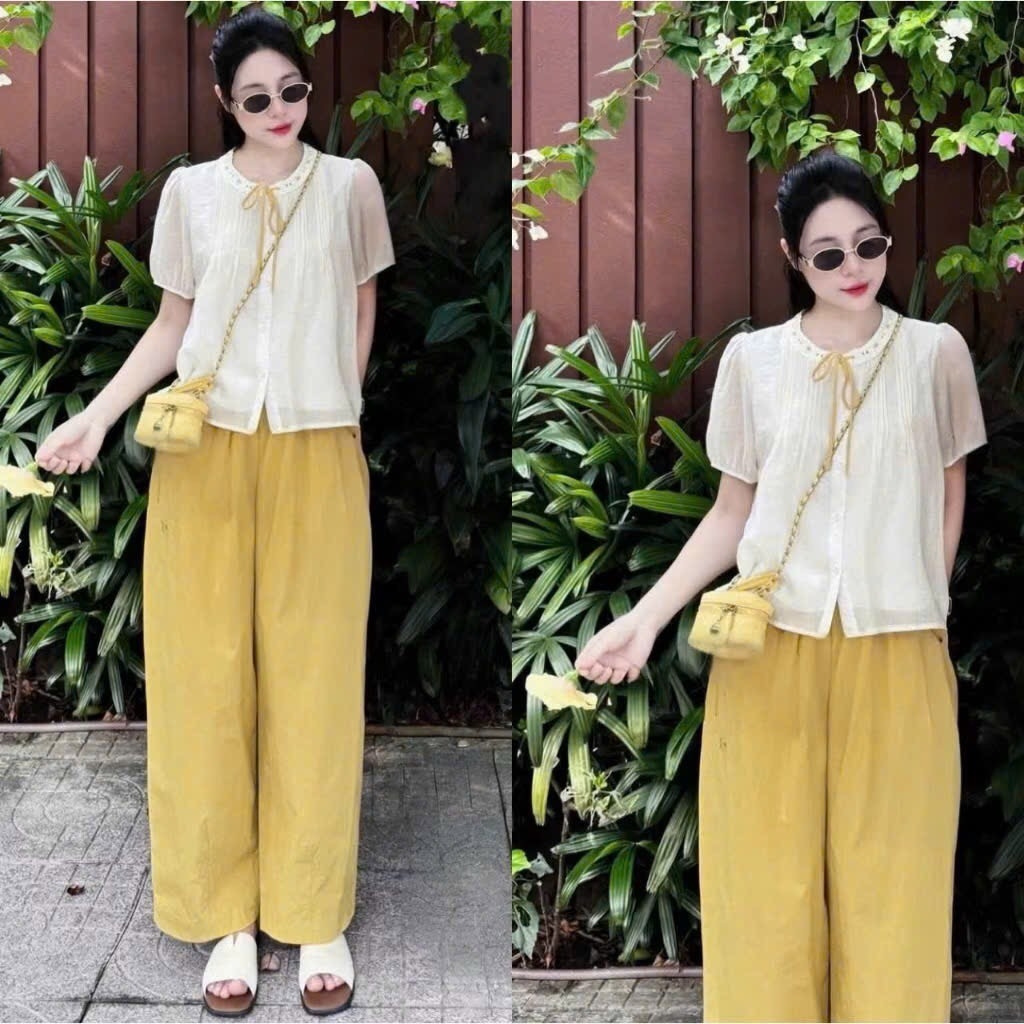 SET BỘ ÁO TƠ LI PHỐI CỔ REN HAI LỚP MIX QUẦN  BAGGY LI NỮ