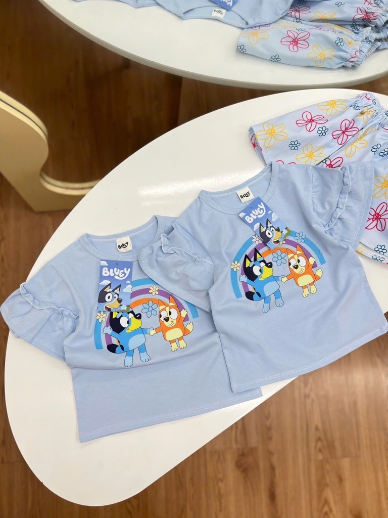 SET ÁO PHÔNG CV IN HOA BLUEY XANH TRỜI BÉ GÁI SẴN ( XẢ 39k)