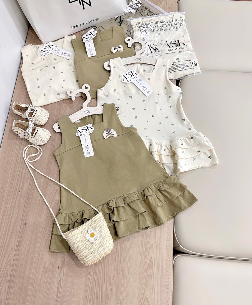 VÁY BÈO 3 TẦNG COTTON XANH RÊU VÀ CHẤM BI BÉ GÁI