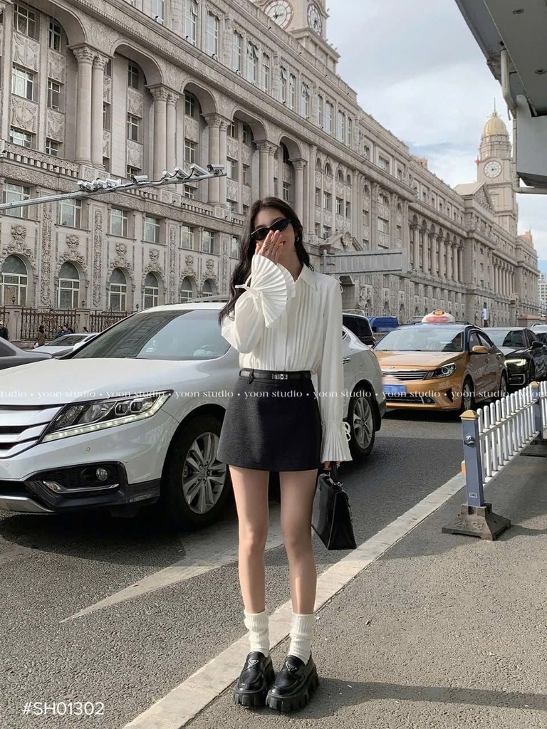 ÁO SƠ MI DẬP LI TAY NƠ BUỘC NỮ SẴN