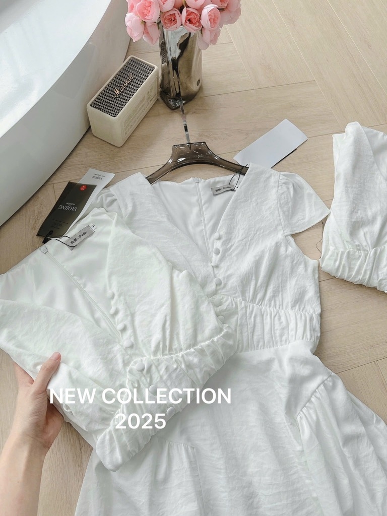 VÁY TRẮNG CỔ V CÚC BỌC DÚM EO NỮ SẴN(XẢ 119k)