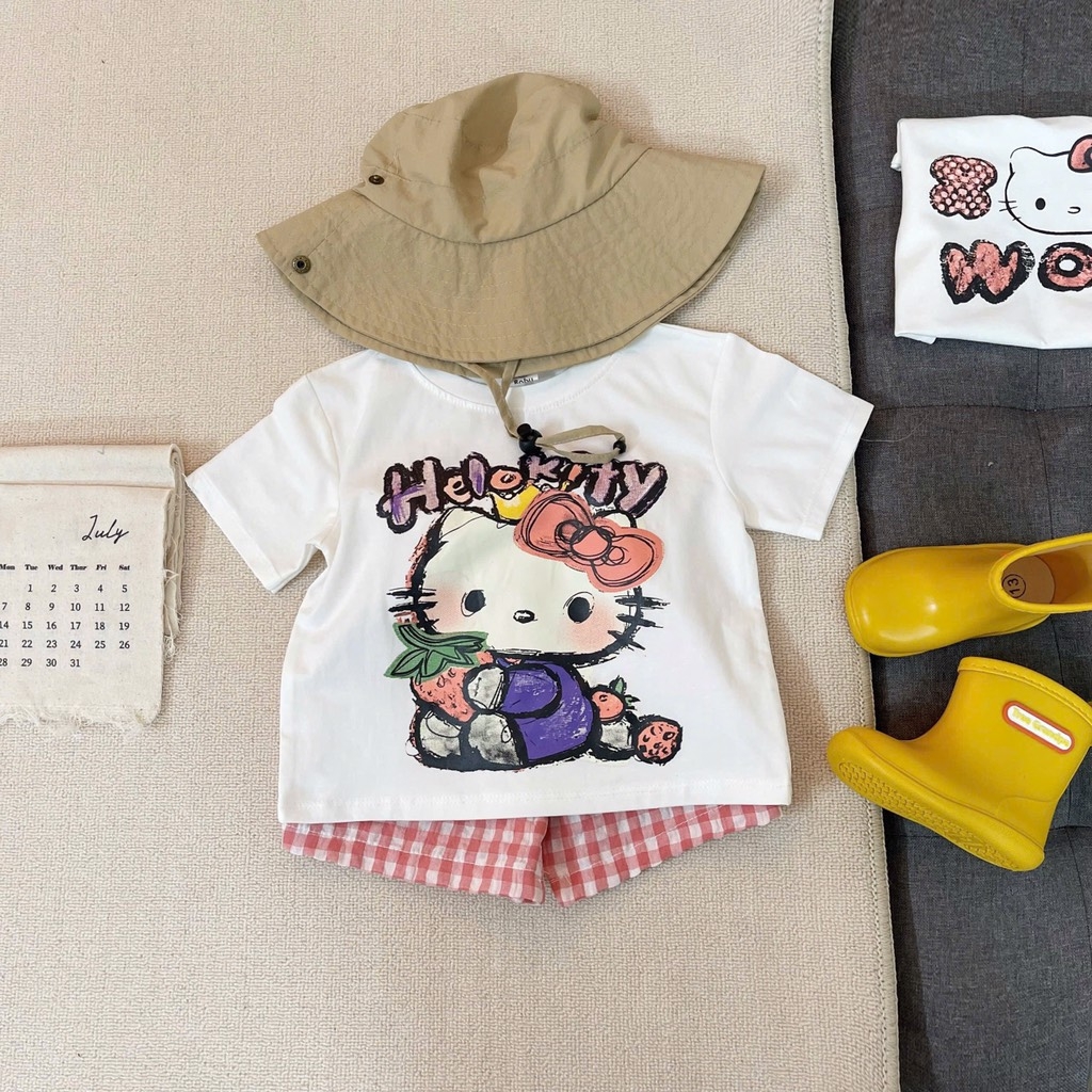 SET BỘ HELLO KITTY ZOZ WOW ÁO TRẮNG QUẦN SOOC CARO HỒNG BÉ GÁI SẴN