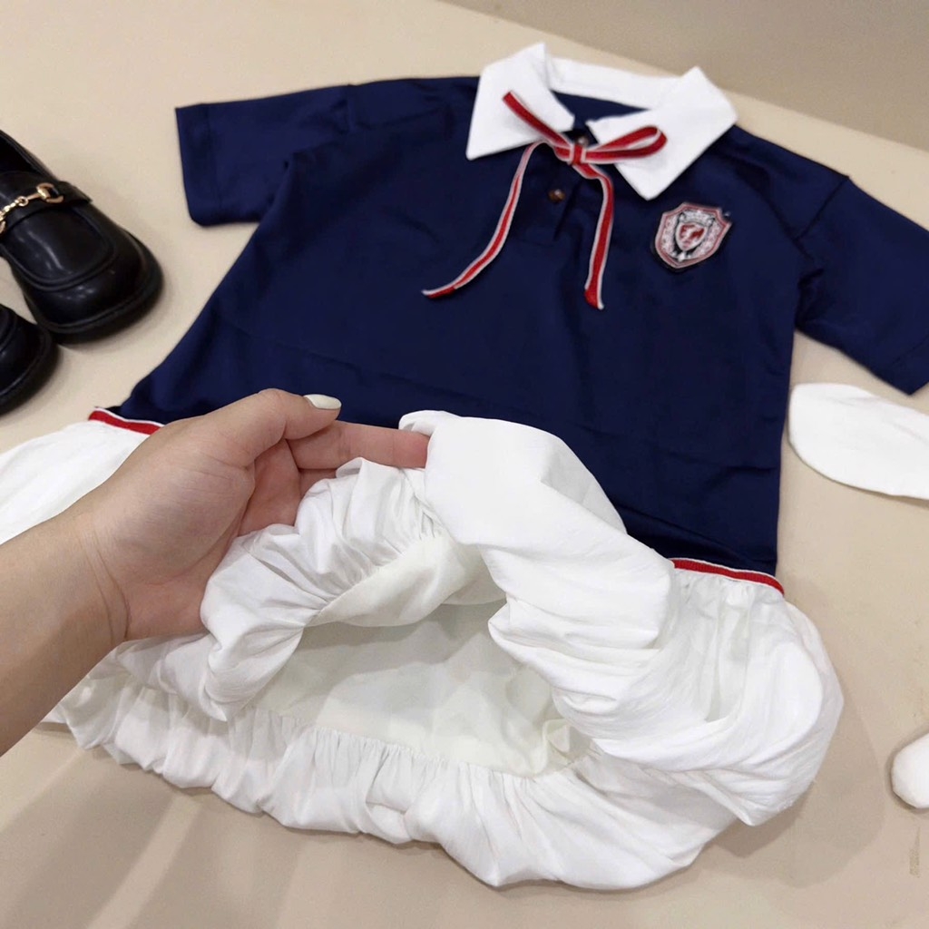 SET BỘ ÁO POLO XANH THAN CHÂN VÁY BỒNG BÉ GÁI