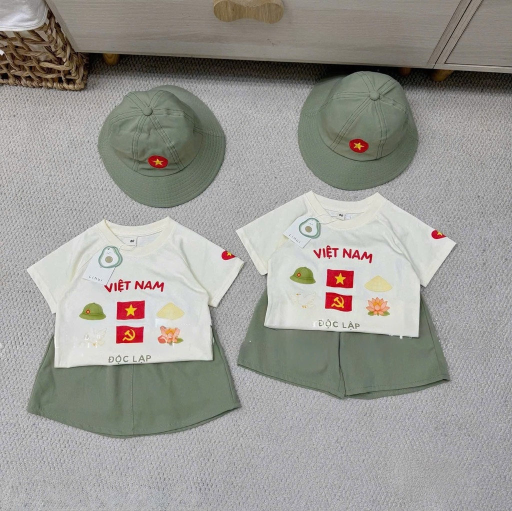 SET 3 MÓN ÁO VIỆT NAM ĐỘC LẬP KÈM MŨ XANH BÉ TRAI BÉ GÁI