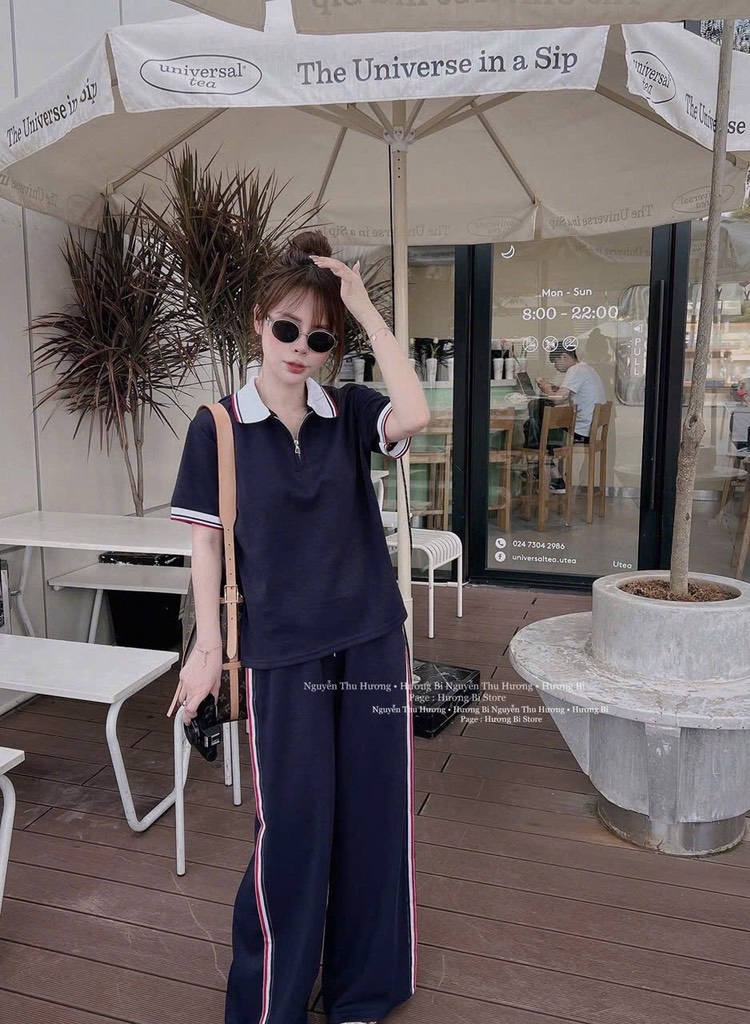 SET THAN POLO PHỐI QUẦN DÀI KẺ ĐỎ NỮ SẴN