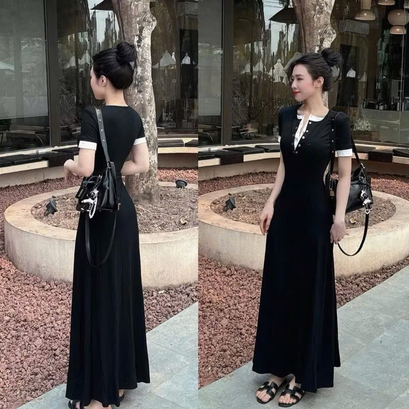 VÁY DÍP CỔ TRÒN PHỐI CÚC DÁNG DÀI NỮ SẴN( XẢ 99k