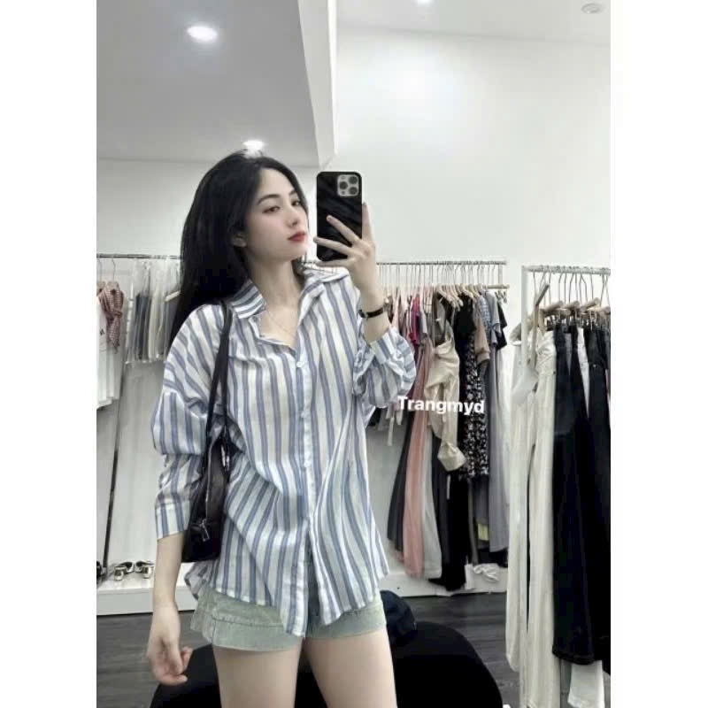 ÁO SƠ MI KẺ TO XANH BIỂN NỮ