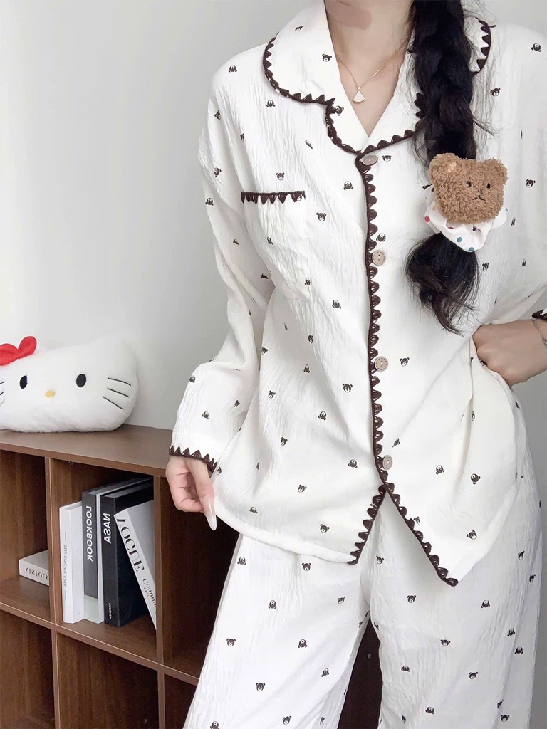 SET DÀI PIJAMA GẤU VIỀN LEN NỮ THU ĐÔNG SẴN