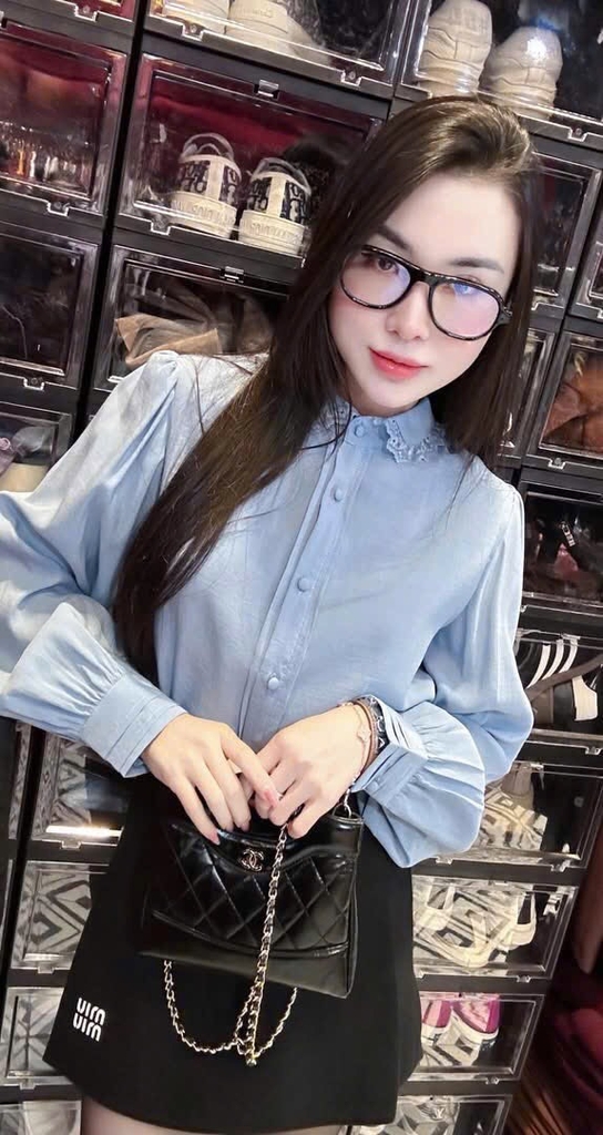 ÁO SƠ MI GU XANH DƯƠNG CỔ REN NỮ