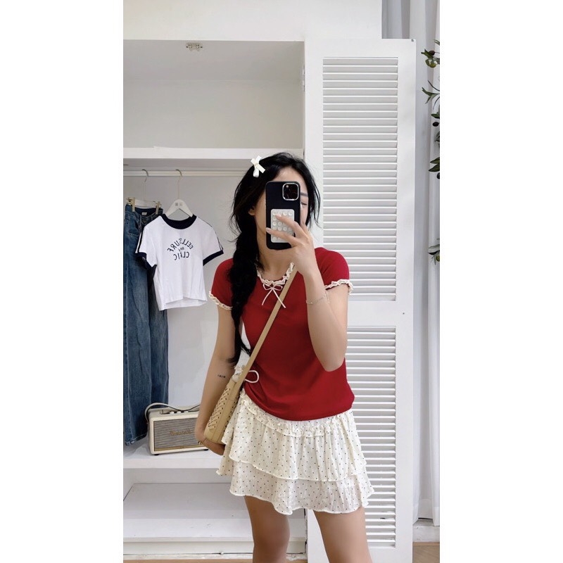 ÁO NỮ LEN LẠNH PHỐI REN BÈO ĐÍNH NƠ(xả 39k)