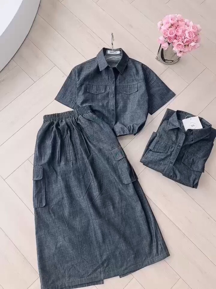SET ÁO SƠ MI  TAY LỠ PHỐI TÚI HỘP MIX CHÂN VÁY DÀI NỮ