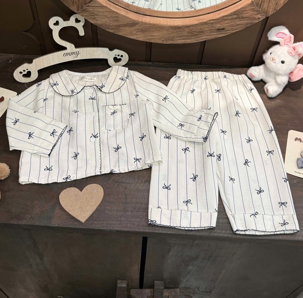SET 2 BỘ DÀI PIZAMA NƠ TIM BÉ GÁI