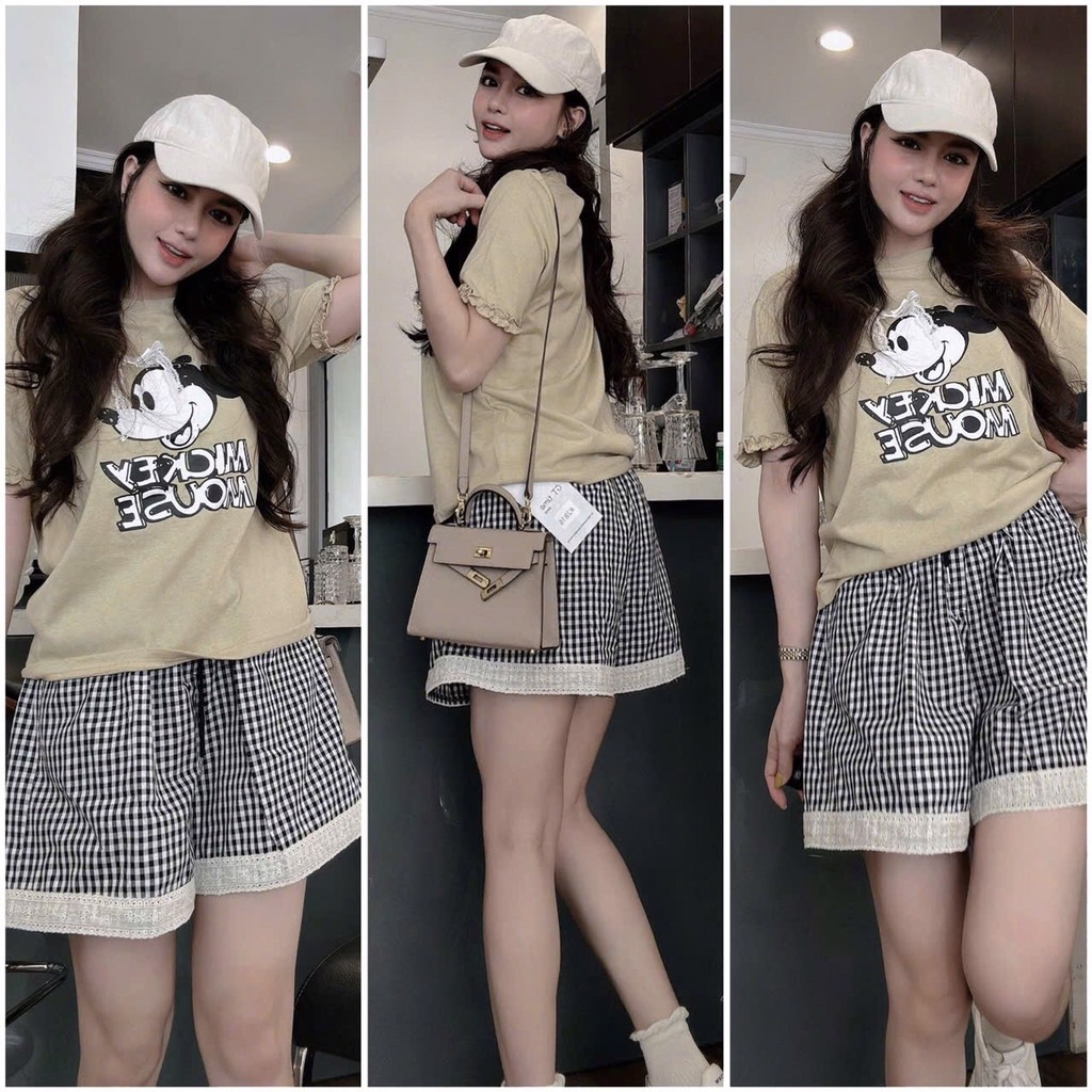 SÉT BỘ CỘC ÁO PHÔNG MICKEY QUẦN KẺ NỮ