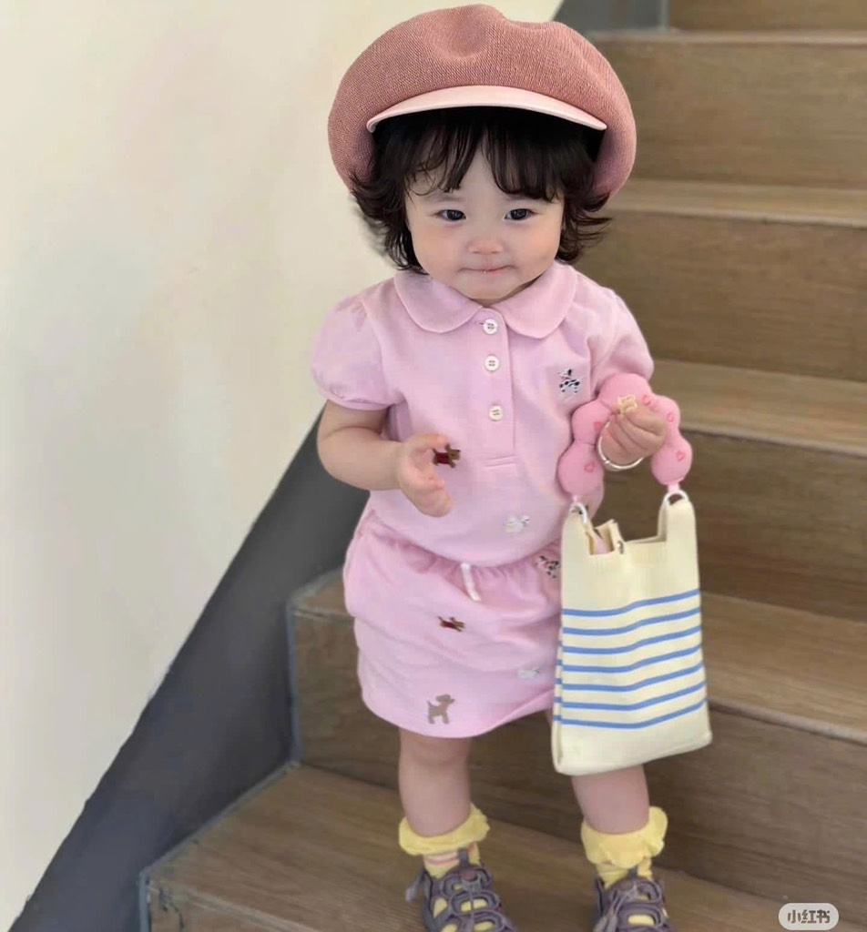 SÉT ÁO POLO CỔ SEN QUẦN VÁY PINK BLING BÉ GÁI NEW SẴN (XẢ 55 k)