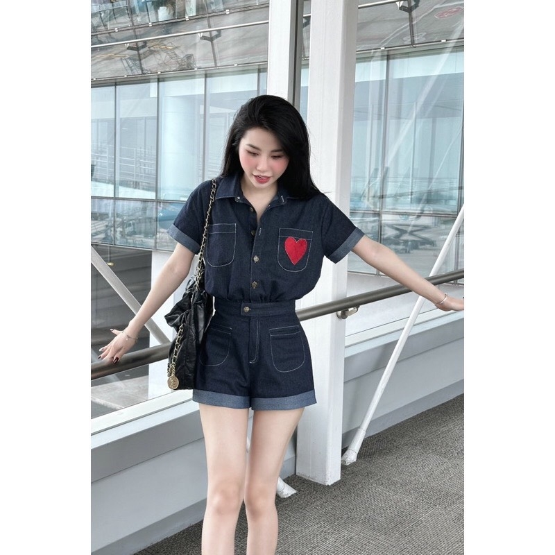 SET JEANS GIẤY JUM THÊU TIM TAY GẤU LV SẴN