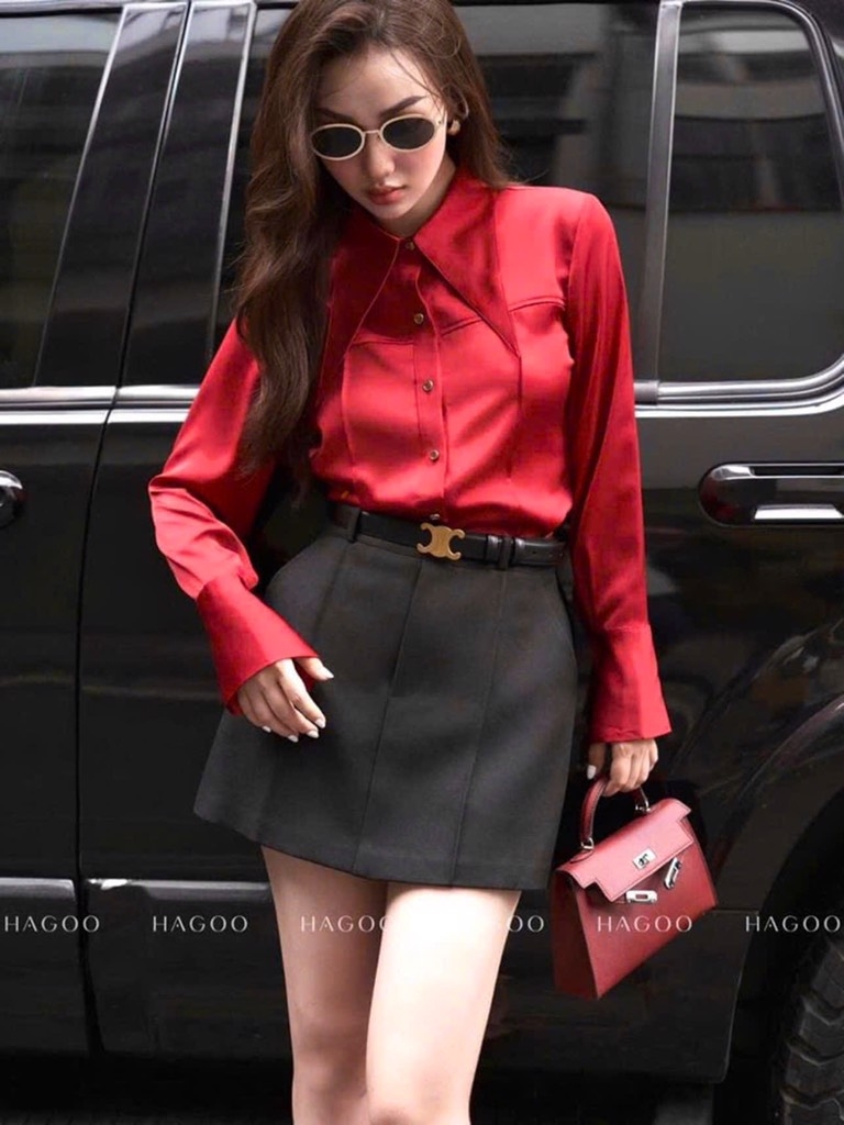 ÁO SƠ MI LỤA ĐỎ CỔ DÀI NỮ SẴN