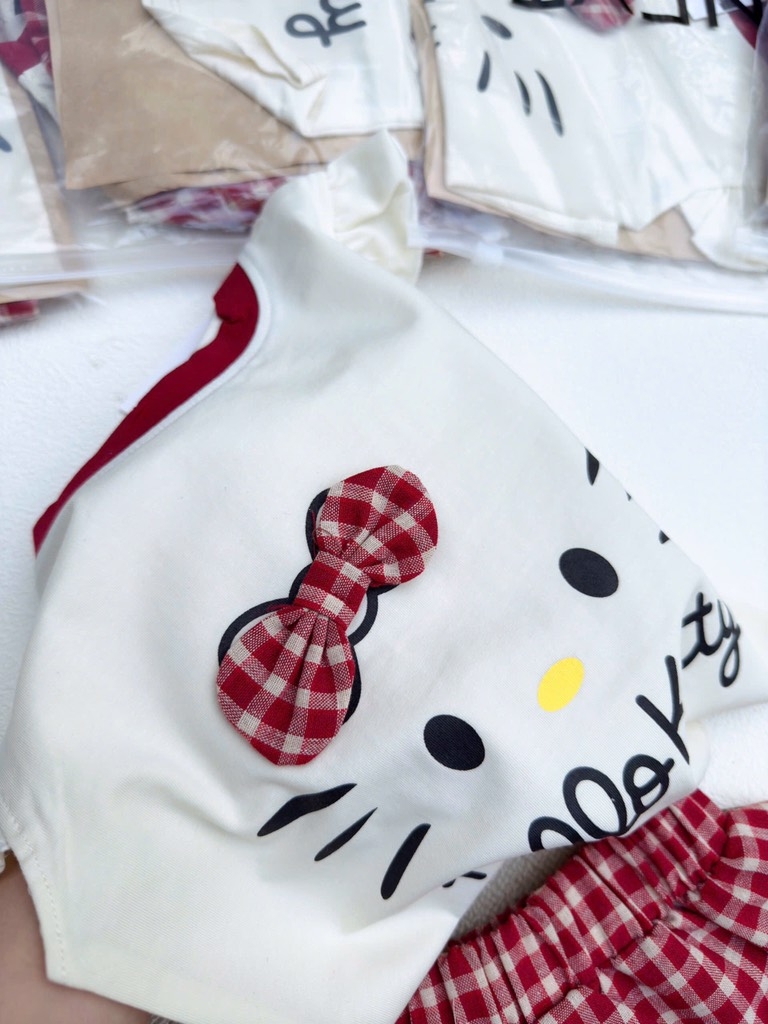SÉT ÁO HELOO KITTY CHÂN VÁY KẺ BÉ GÁI SẴN (XẢ 65k)