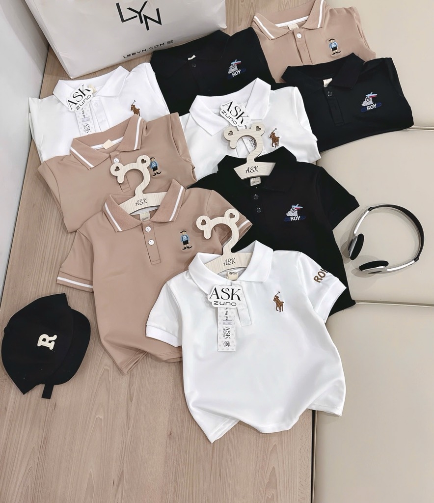 SET 3 ÁO POLO CỔ ĐỨC TRẮNG NÂU ĐEN BÉ TRAI SẴN (sale 97k)
