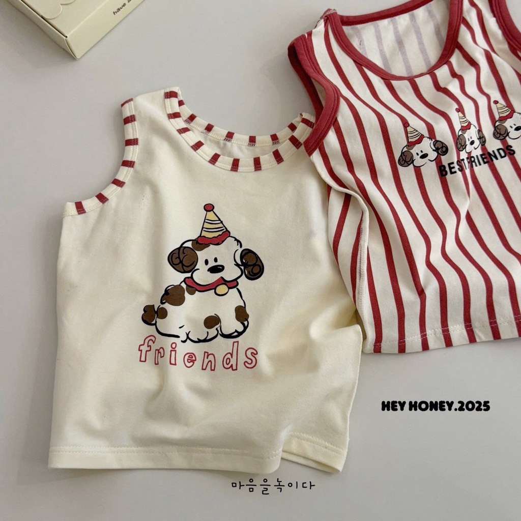 SÉT 3 BỘ COTTON BA LỖ COVER HEYHONEY CÚN BEST FRIEND TONE KẺ ĐỎ CHO BÉ NEW BÉ TRAI