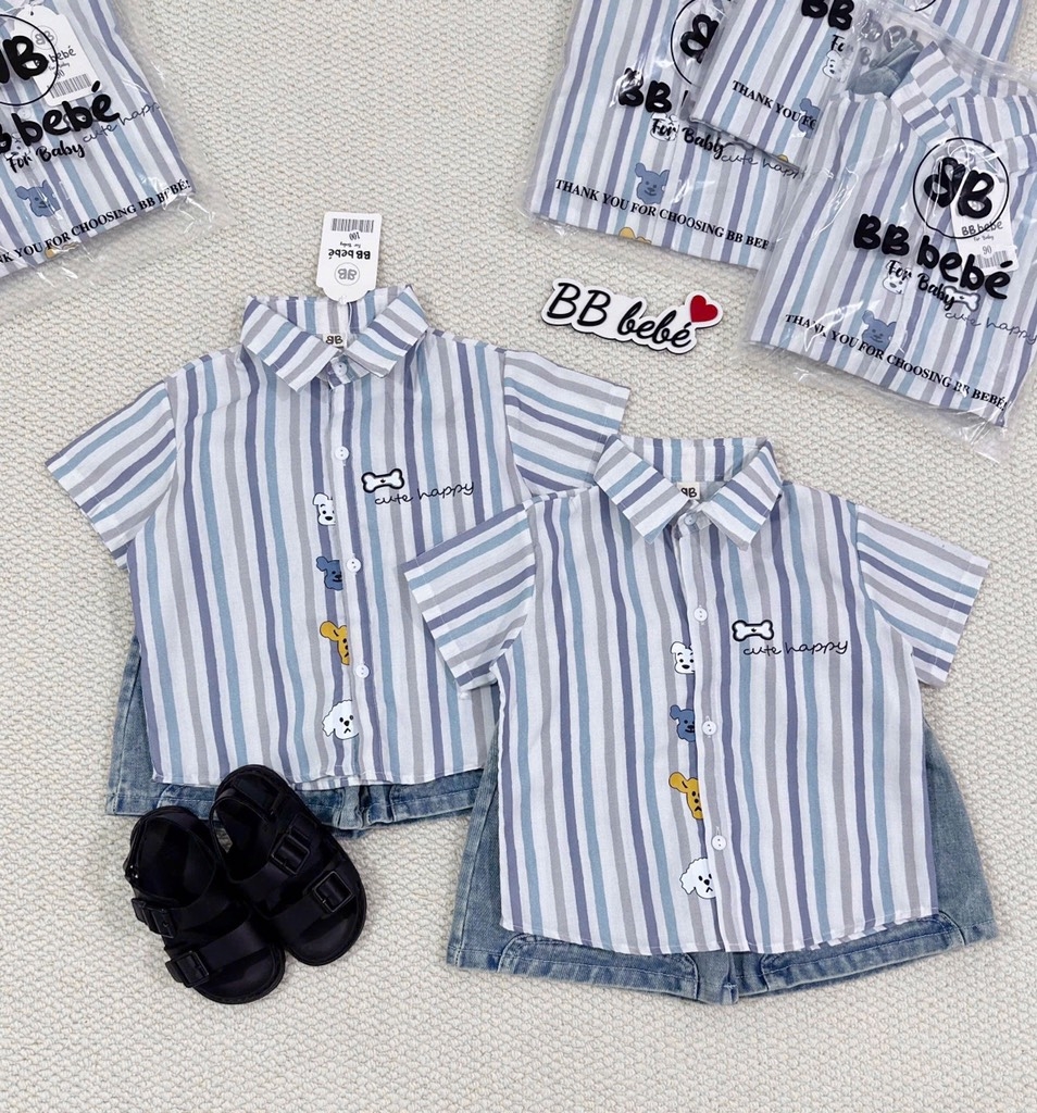 SET ÁO SƠ MI CỘC TAY KẺ KÈM QUẦN BÒ BÉ TRAI