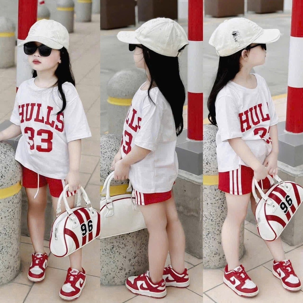 SÉT ÁO PHÔNG HULLS 33 QUẦN SHORT ĐỎ 3 SỌC CHO BÉ TRAI BÉ GÁI (SALE 59k)
