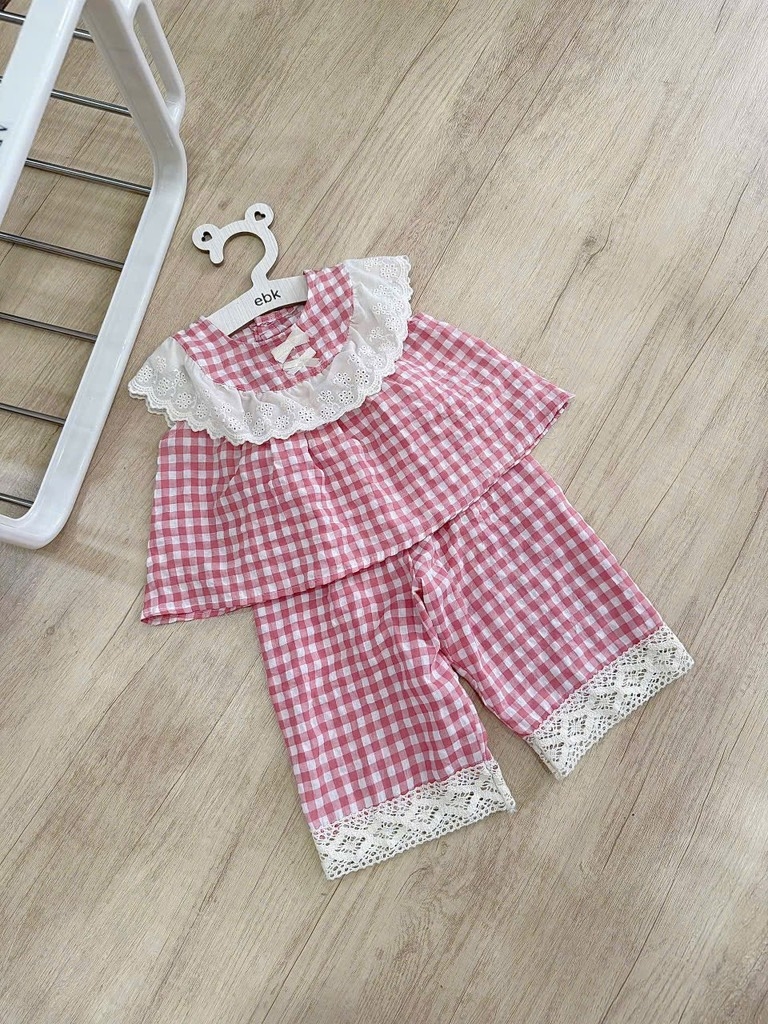 SET KẺ CARO HỒNG VIỀN BÈO BÉ GÁI (xả 39k)