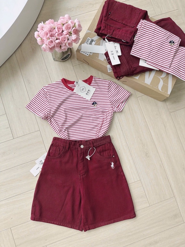 SET ÁO PHÔNG PHỐI MIX QUẦN JEAN SHORT LỬNG THÊU NỮ SẴN( Xả 145k)