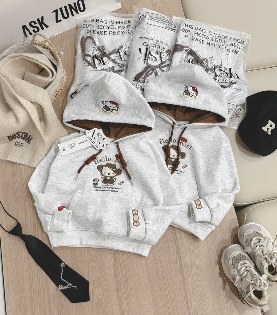 ÁO NỈ HAI DA THÊU KITTY – MŨ 2 LỚP DÀI TAY SIÊU XINH BÉ GÁI