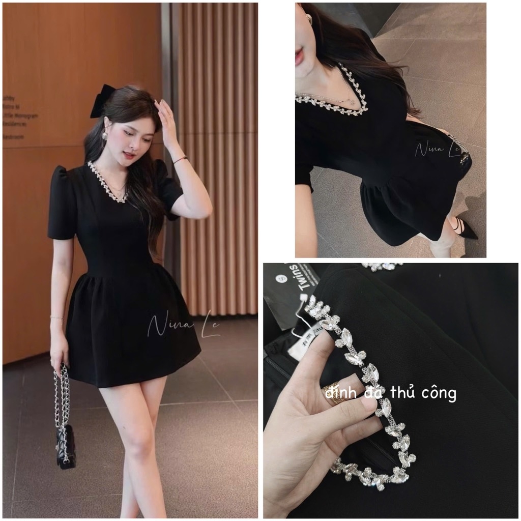 VÁY CỔ V KHÂU ĐÁ CỔ XOÈ NHẸ NỮ SẴN