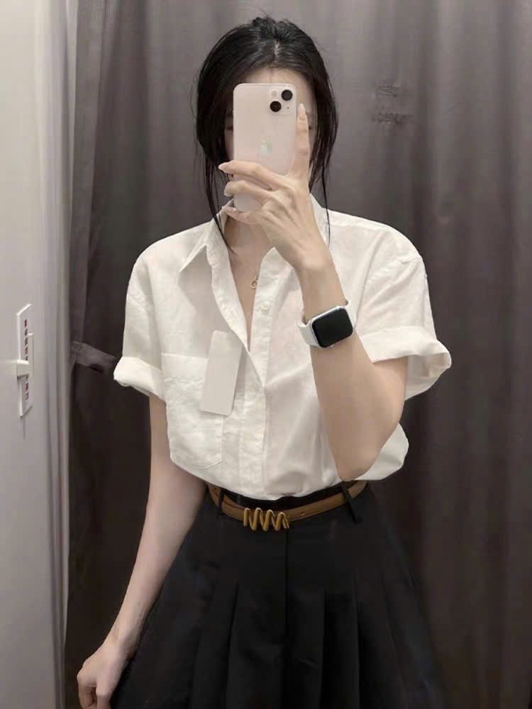 ÁO SƠ MI TRẮNG CỘC TAY TÚI TRƯỚC NỮ SẴN (XẢ 55k)
