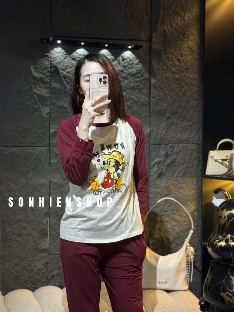 SET BỘ DÀI MẶC NHÀ MICKY PHỐI ĐỎ NỮ THU ĐÔNG SẴN