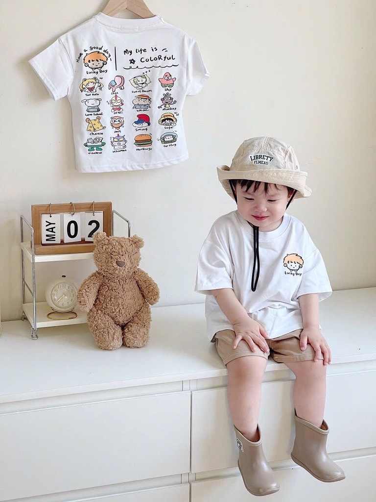 SET 2 ÁO PHÔNG COTTON TRẮNG XANH BÉ TRAI SẴN
