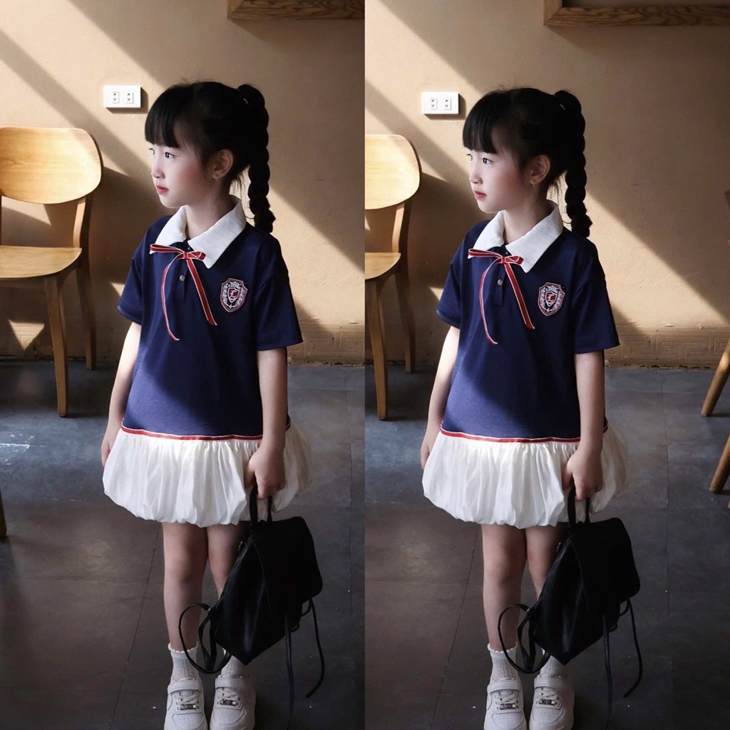 SET BỘ ÁO POLO XANH THAN CHÂN VÁY BỒNG BÉ GÁI