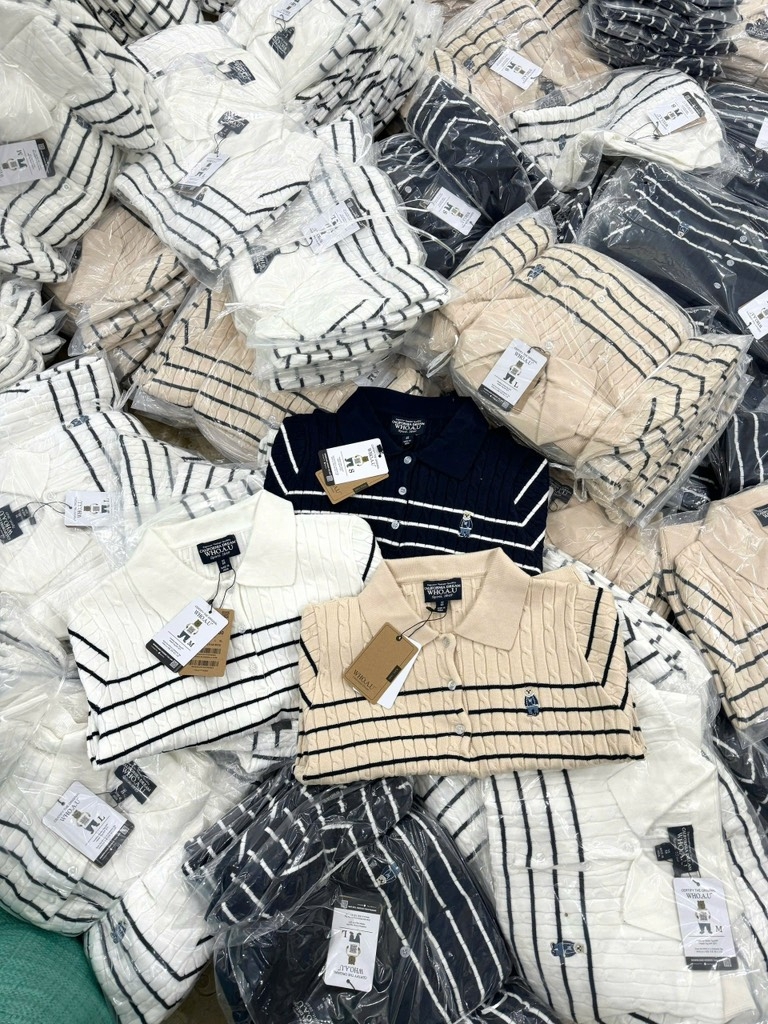 ÁO LEN KẺ THÊU GẤU CỘC TAY NỮ SẴN (SALE 95k)