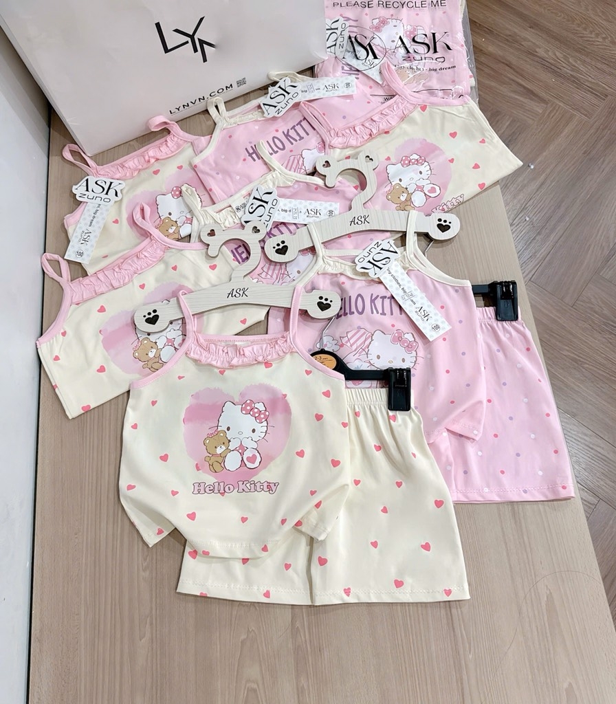 SET 2 BỘ COTTON 2 DÂY CỔ BÈO KITTY TONE BE HỒNG BÉ GÁI(XẢ 79k)