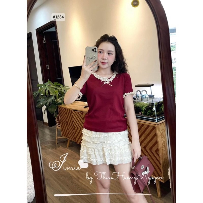 ÁO NỮ LEN LẠNH PHỐI REN BÈO ĐÍNH NƠ(xả 39k)