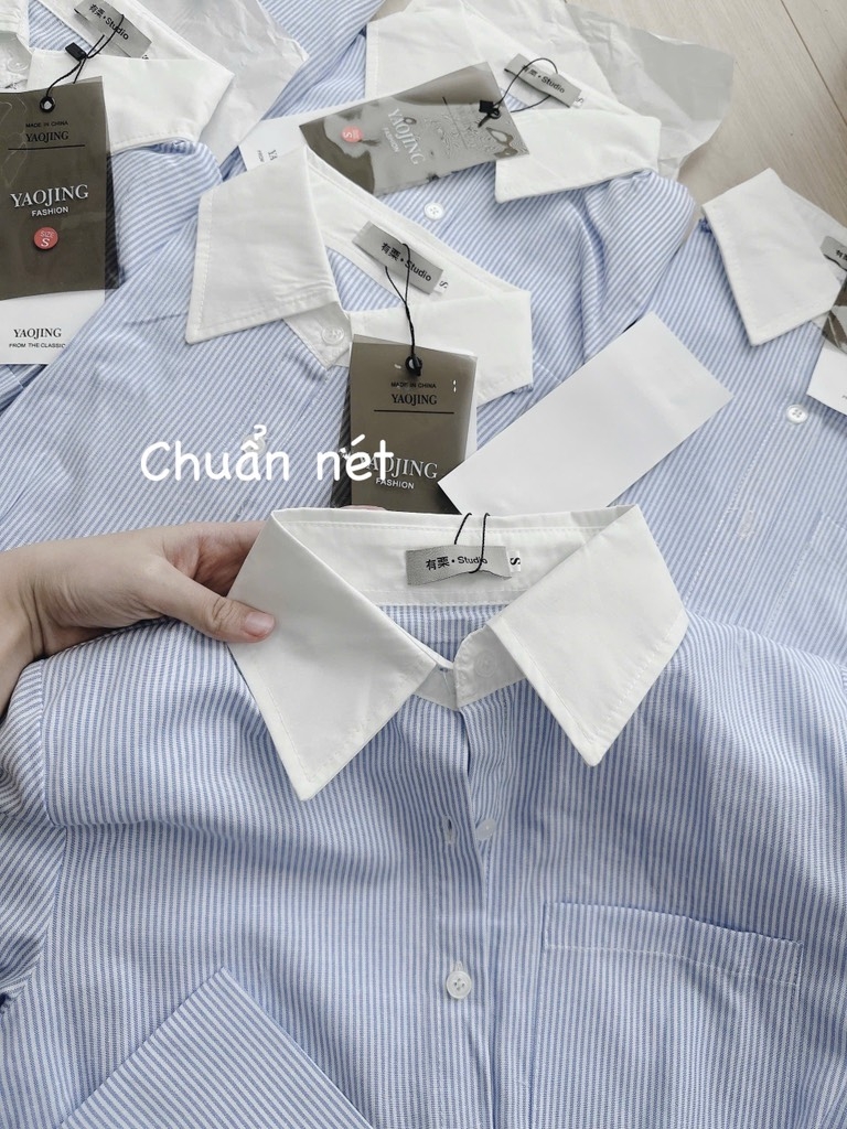 ÁO SƠ MI KẺ XANH PHỐI LI EO ĐỆM VAI NỮ SẴN
