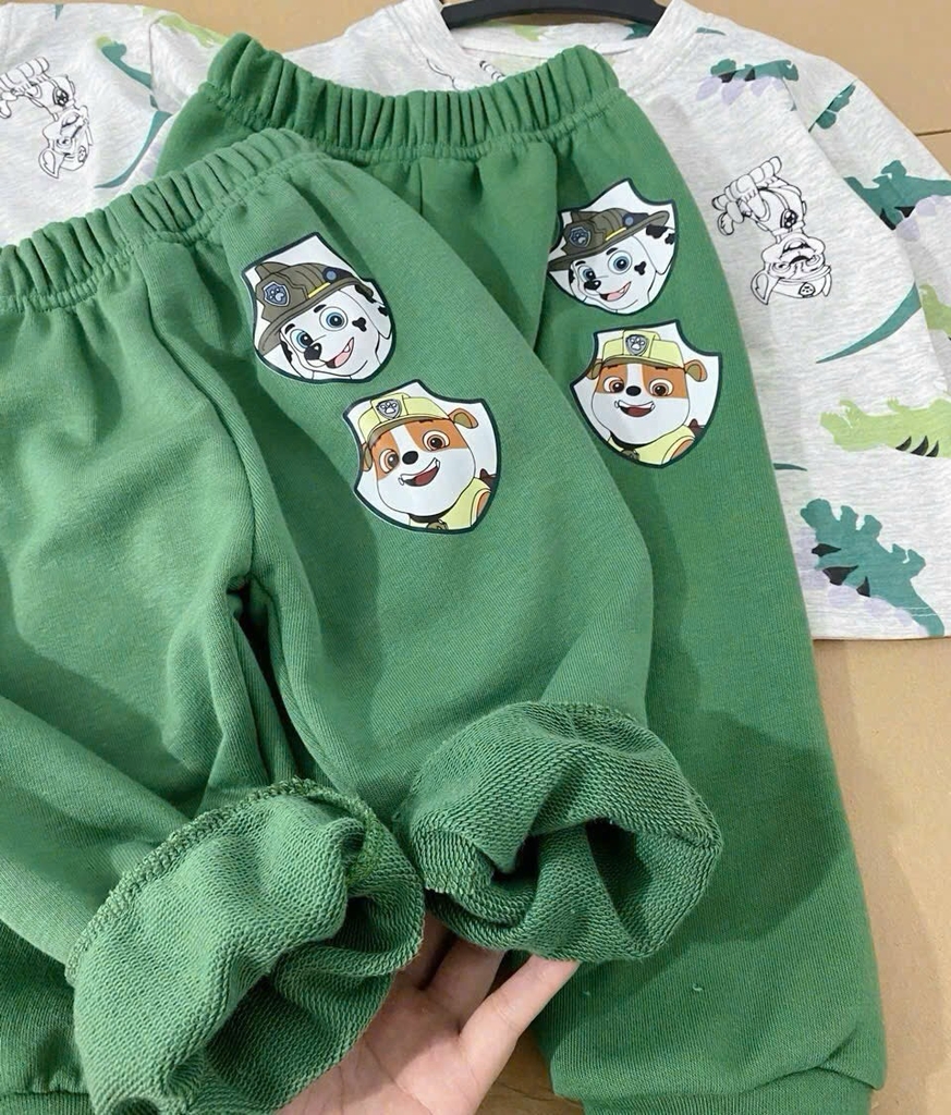 SÉT ÁO CHÓ CỨU HỘ KHỦNG LONG GHI MIX QUẦN XANH LÁ CHO BÉ YÊU