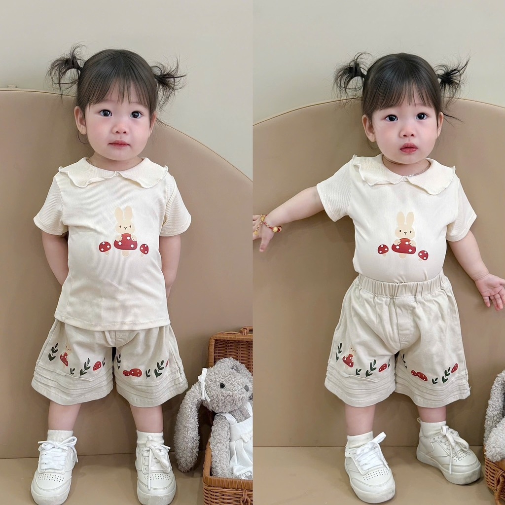 SET ÁO TĂM CỔ SEN PHỐI QUẦN KAKI BÉ GÁI SẴN(XẢ 74k)